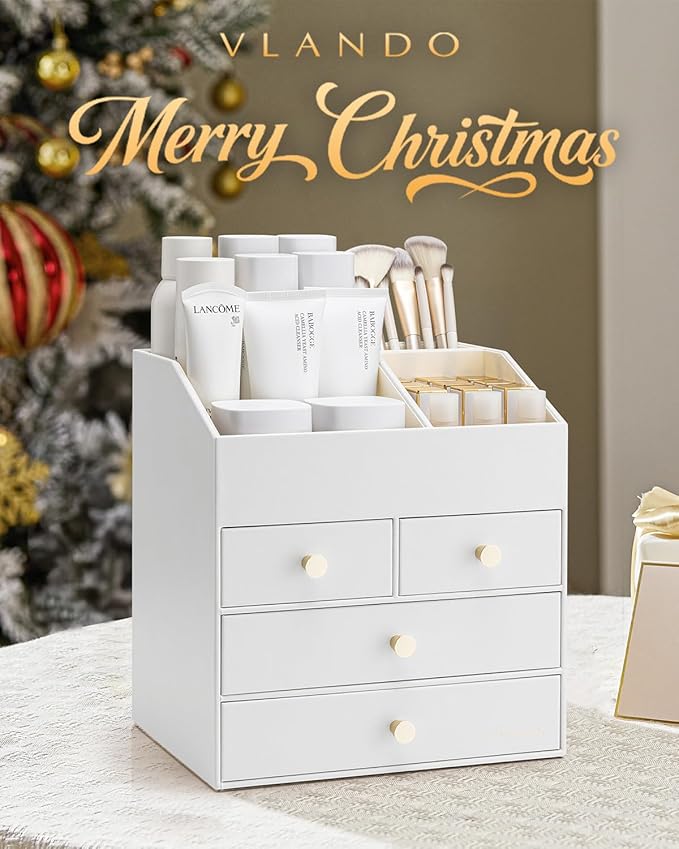 Vlando Makeup Organizer Countertop,Large Vanity Organizer PU Leather Make up Storage with 4 Drawers Skin care Organizer Cosmetic Display Case for Lipstick,Brushes,Bedroom-White