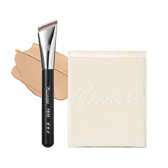 Piccasso FB33 Foundation Brush With Sponge 6P – Tapping Cover Brush for Liquid & Cream Foundation, Fills Pores with Soft Bristles for Smooth and Flawless Face Makeup, Professional Korean Beauty Tool