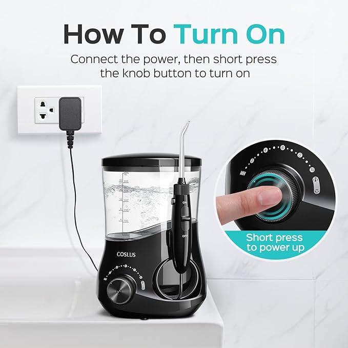 COSLUS Professional Water Flosser for Teeth: 12 Pressure Settings Electric Dental Pick for Tooth Cleaning, Sensitive Gums, Braces, Oral Care - Home Use, 4 Jet Tips for Multiple Users, Family, Black