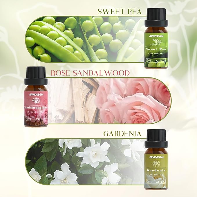 Spring Essential Oils Set, ARVIDSSON Natural Fragrance Oil for Diffuser, Candle Making - After Rain, Ocean Breeze, Fresh Cut Grass, Gardenia, Sweet Pea, Rose Sandalwood, Spring Scented Oil Gift Set