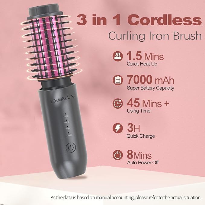 Youbella Cordless Hair Curling Iron Brush, Mini Travel Hot Straightener Comb, 3-in-1 Portable Wave Curling Wand, 1.5″ Ionic Heated Brush, USB Rechargeable Hair Curler, Matte Gray