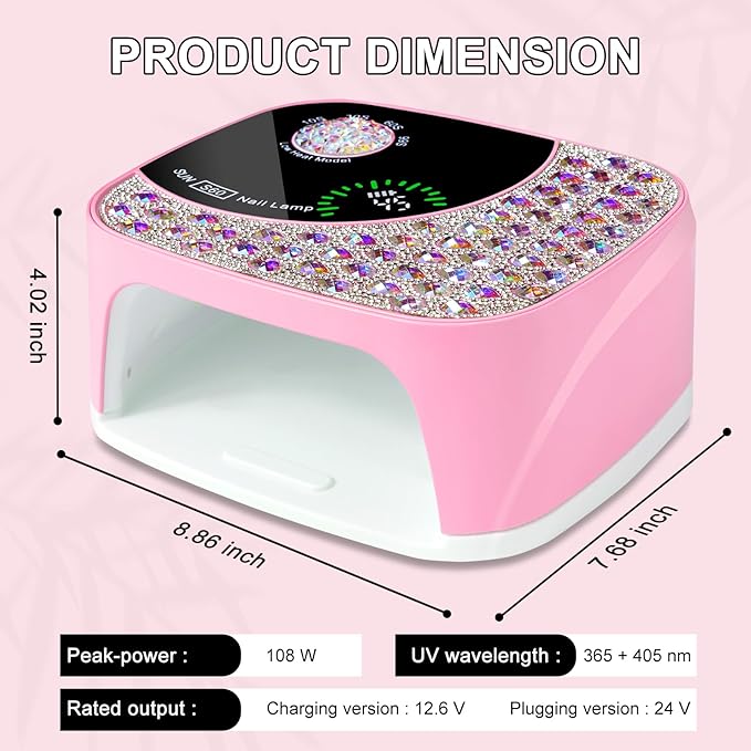 LIMEGIRL UV LED Nail Lamp Kit for Gel Polish Professional Fast Curing Pink Dryer Light Set with 4 Timer Settings Cordless Rechargeable Nail Art Cure Machine with UV Gloves and Automatic Sensor
