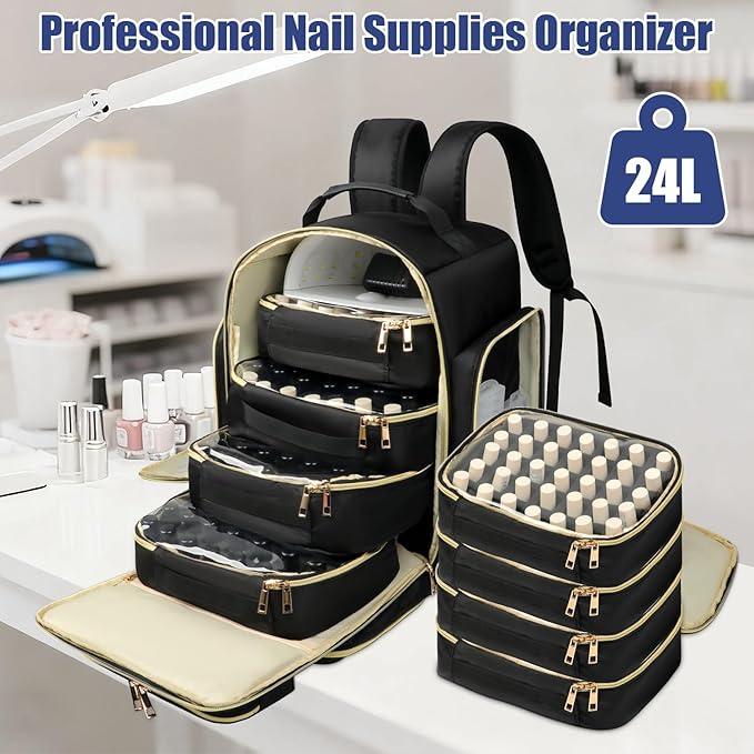 Nail Polish Organizer Backpack Holds 140 Bottles& UV Lamp, Extra Large Nail Art Supplies Storage Bag with 4 Removable Sponge Pouches, Travel Carry Case for Gel Polishes, Nail Tools& Nail Kits