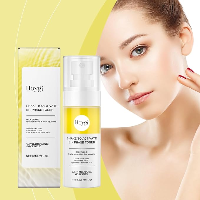 Bi-Phase Hydrating Facial Mist with Hyaluronic Acid & Goat Milk, Shake-to-Activate Formula for Intense Moisture & Soothing Relief, Lightweight Spray with Plant Squalane, for Sensitive Skin, 2 fl oz