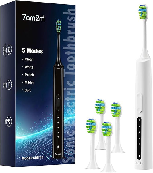 7AM2M Sonic Electric Toothbrush for Adults and Kids, 40000VPM Power Toothbrushes, Fsat Rechargeable with 4 Brush Heads, 5 Modes, 2 Minutes Built in Smart Timer, One Charge for 60 Days (White)