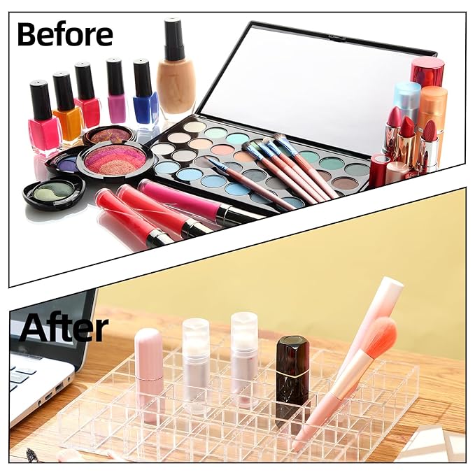 Mumufy Lipstick Holder Clear Acrylic Organizer Makeup Lip Gloss Organizer Plastic Cosmetic Display Case for Lipstick Brushes Bottles Perfume Essential Drawer Vanity Bathroom (56 Slot)