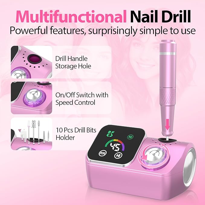 Professional Electric Nail Drill E-File Machine - 45,000 RPM Corded Nail Drills Kit with Low Noise & LED Display for Shaping, Removing & Polishing Acrylic Gel Nails for Salon Home