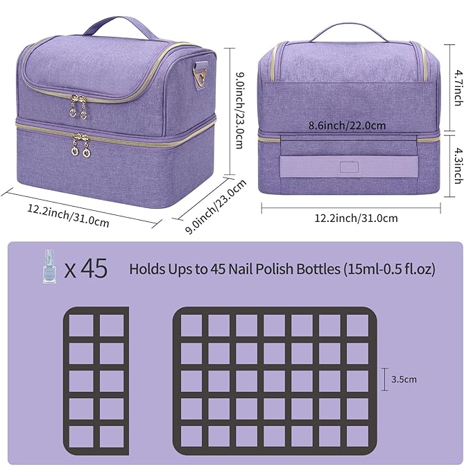 Nail Polish Organizer Case, Nail Supplies Storage Box Holds 45 Bottles Nail Polish & Nail Lamp, Travel Nail Tech Carrying Case, Nail Kit Bag For Nail Stuff & Manicure Tools