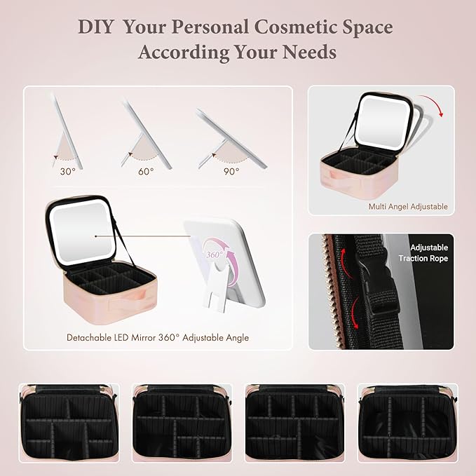 Travel Makeup Bag with LED Lighted Mirror, Cosmetic Makeup Organizer Bag with 3 Color Setting, Makeup Train Case with Adjustable Dividers for Women Makeup Brushes Jewelry Accessories