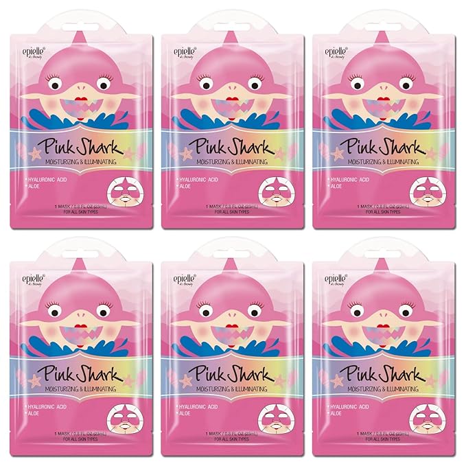 Epielle Character Face Mask Pink Shark 6 Pack, Fun & Effective Korean Skin Care, Spa Party Favors, Stocking Stuffers, Birthday Gifts for Women, Thanksgiving Essentials