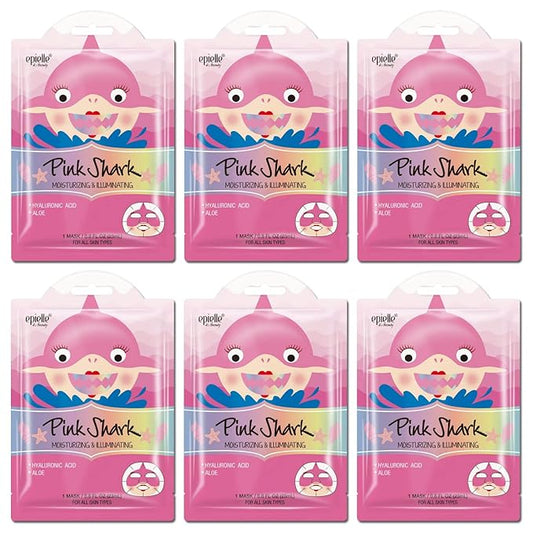 Epielle Character Face Mask Pink Shark 6 Pack, Fun & Effective Korean Skin Care, Spa Party Favors, Stocking Stuffers, Birthday Gifts for Women, Thanksgiving Essentials
