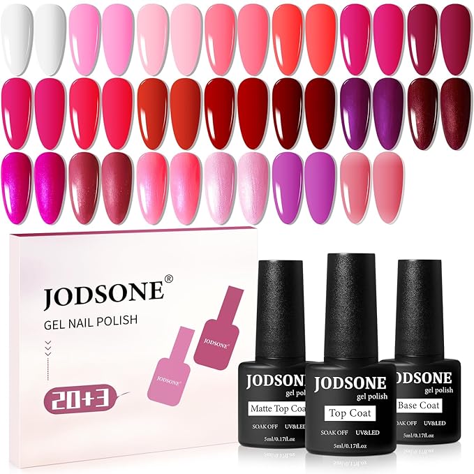 JODSONE 23 PCS Glitter Gel Polish with Soak off Base Coat Matte and Glossy Top Coat Glitter Red Pink Color High Shine and Fashion Gel Nail Polish Kit