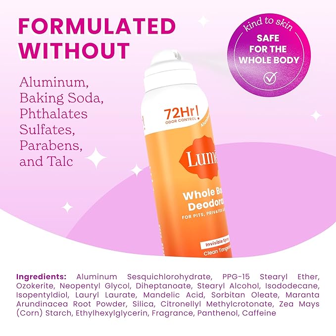 Lume Invisible Spray Deodorant For Women - Whole Body Deodorant Spray - 72 Hr Odor Control - Ozone Friendly, Natural Propellant - Aluminum & Baking Soda Free, Skin Loving - 3.6 ounce (Clean Tangerine)
