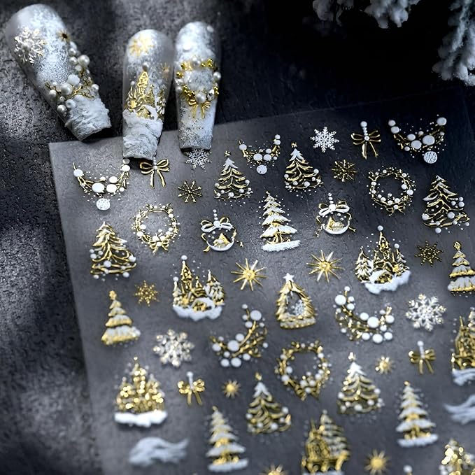 Christmas Nail Art Stickers 5D Embossed Xmas Tree Snowflake Nail Decals White Gold Christmas Nail Stickers for Nail Art Self Adhesive Holiday Nail Supplies Design for Women Girls