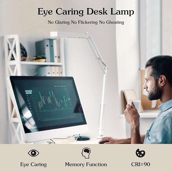 LED Desk Lamp, Manicure Table Lamp, 16" Lamp Head, Dimmable Eye-Caring Drafting Light with 3 Color Modes, 10 Brightness Levels & Adapter, Memory Function(White)