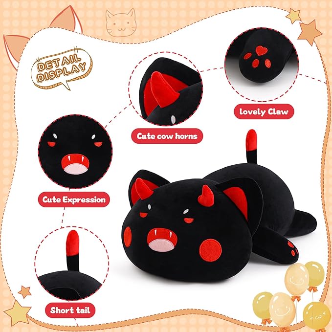 Black Cat Plush Pillow Kawaii Toy Cute Soft Cat Stuffed Animals Kitten Plushie Doll Great Gift for Kids and Adult Birthday Christmas Valentines, 12", Black Red