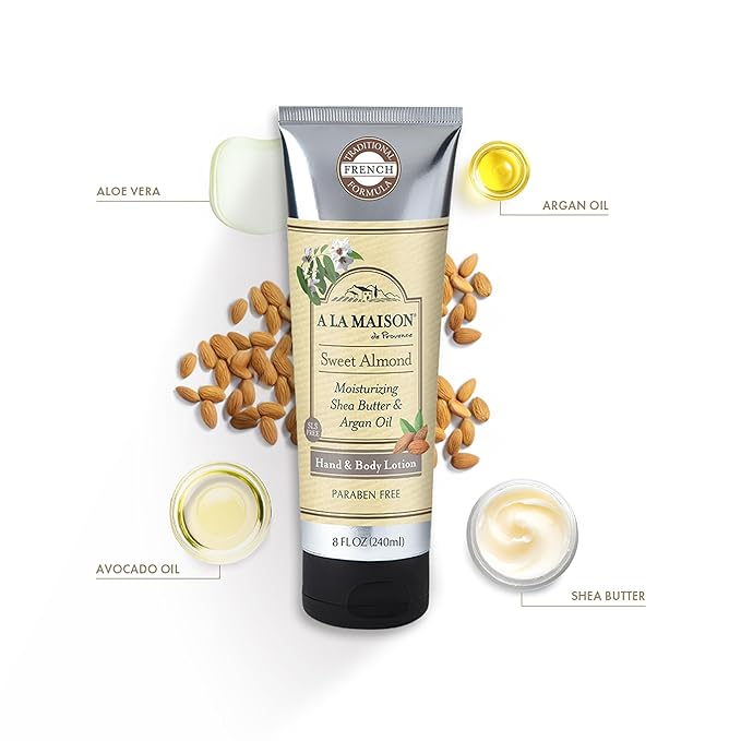 A LA MAISON Moisturizing Lotion, Sweet Almond - Uses: Hand and Body, Argan Oil, Pure Shea Butter, Essential Oils, Plant Based, Cruelty-Free, SLS and Paraben Free (8 Oz, 2 Pack)