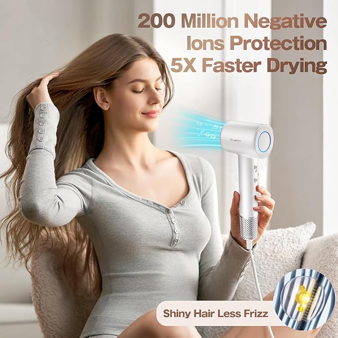 Hair Dryer, High-Speed Ionic Low Noise Blow Dryer with Brushless Motor for Fast Drying, Thermo-Control Quiet Compact Hair Blow Dryer, Hairdryer with 1 Nozzle Attachments for Home Salon Travel