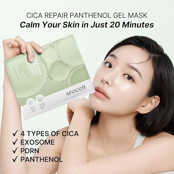 AROCELL Cica Hydrogel Mask 7 Facial Sheet with Panthenol & Centella Asiatica, Transparent Cooling Hydrogel Face Mask for Soothing Calming Hydrating Moisturizing Sensitive Skin Korean Skincare, 25gx7ea