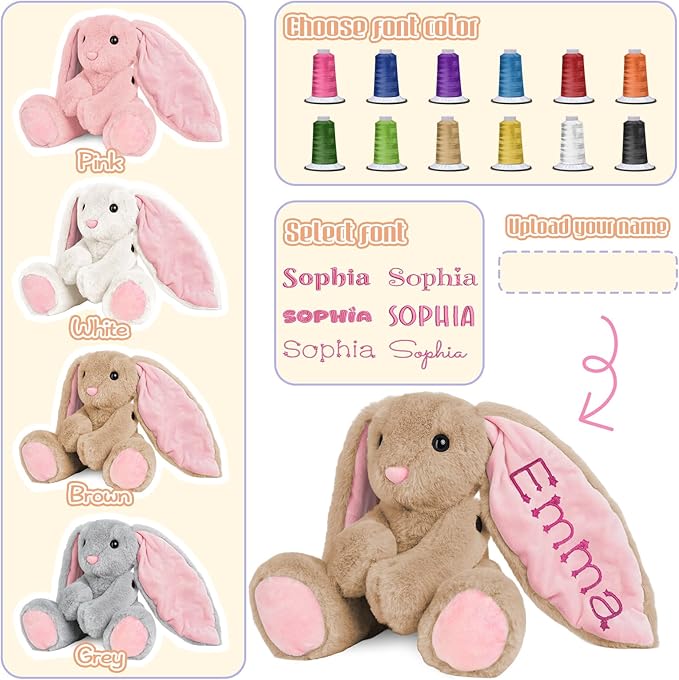 Personalized Bunny Plush with Embroidered Name, Custom Stuffed Animals for Babies, Bunnys Plush Toys for 3 Years Old Girl Gifts, Birthday Easter for Baby Boys Girls Toddlers Newborn (Bunny)