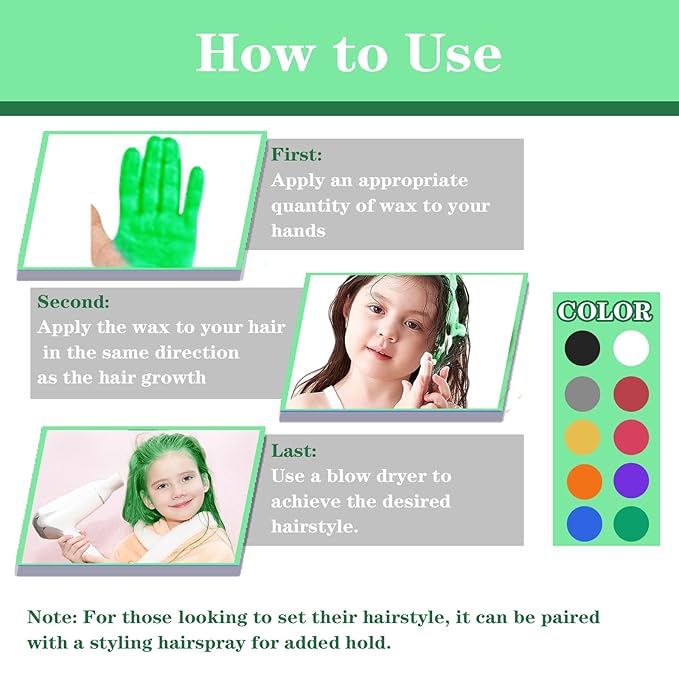 Green Hair Color Wax, Temporary Hair Color Wax, Temporary Hair Dye for Dark Hair, Washable, Kids, Halloween, Cosplay, Party, Girls