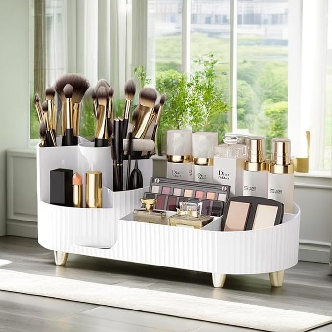 Rotating Large Capacity Cosmetic Display Case,Bathroom Counter Organizer Countertop Storage,Cosmetics Skincare Shelf Organizer (White)