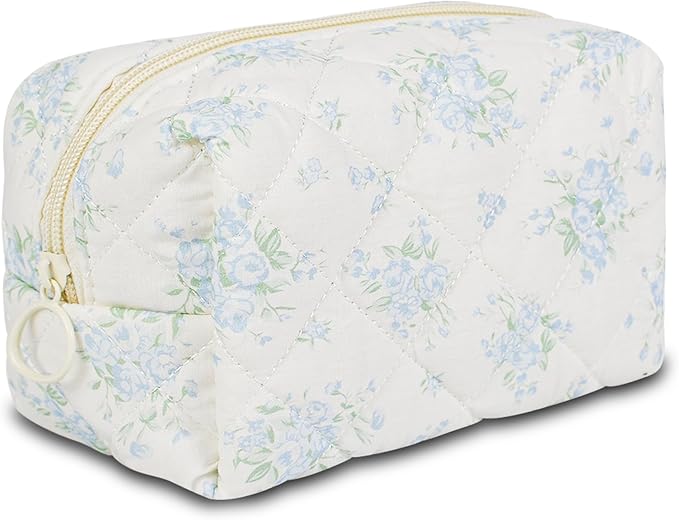 Quilted Makeup Pouch,Cotton Puffy Makeup Bag, Coquette Cosmetic Bag for Women and Girls, Aesthetic Organizer Bag, Cute Flower Travel Toiletry Bag