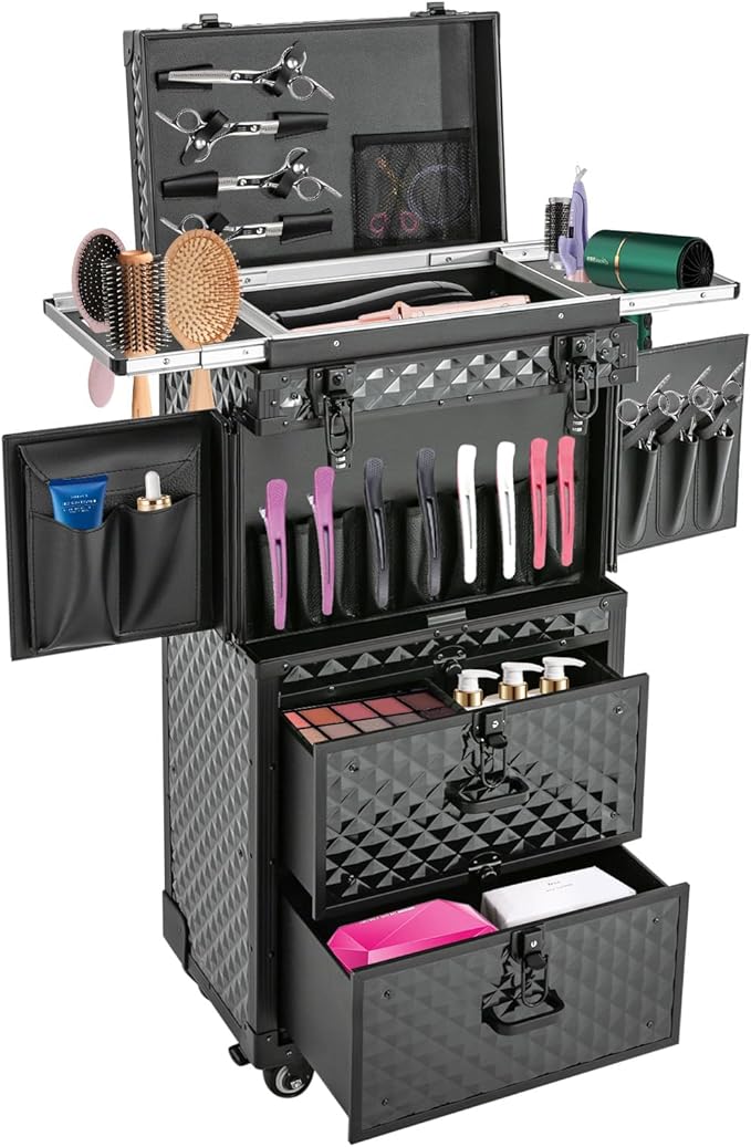 Cosmetic Train Case,Makeup Organizer Travel Case with Multiple Compartments,Rolling Makeup Case,Professional Makeup Casewith Wheels for Make-up Artists,33.07Lbs Load-Bearing