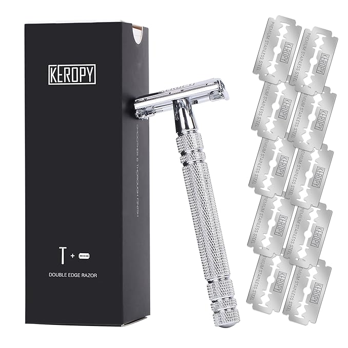Men's Safety Razor with 10 Blades, Eco-Friendly Shaving Kit - Great Christmas Gifts for Men & Teens, Boyfriend - Reusable Metal Shaver, Ideal Stocking Stuffer for a Smooth Shave - Silver