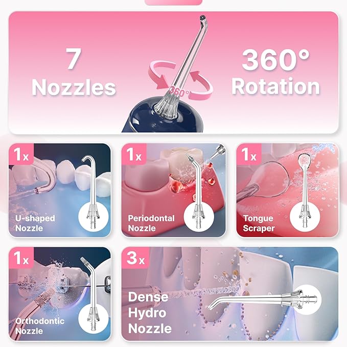 Water Flosser for Teeth, Cordless Oral Irrigator Portable Dental Cleaner Picks with 8 DIY Modes 7 Jets 300ml Tank Braces Flossers Rechargeable (Pink)