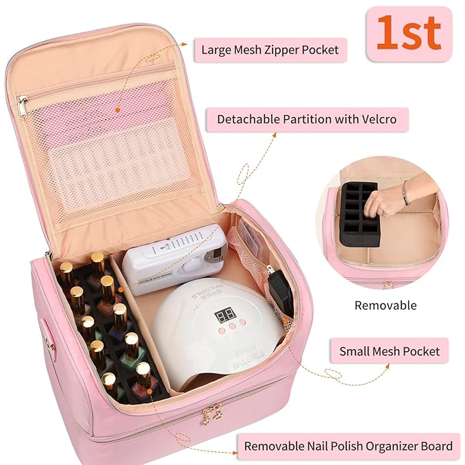 Nail Polish Organizer Case, Nail Supplies Storage Box Holds Nail Polish Bottles & Nail Lamp, Travel Nail Tech Carrying Case, Nail Kit Bag For Nail Stuff & Manicure Tools (Pink, 45 Slots)