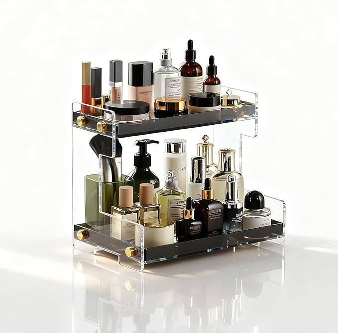 NEWRAIN 2-Tier Bathroom Organizer Countertop for Cosmetics, Makeup, Vanity Holder for Lipstick, Black Cabinet Storage