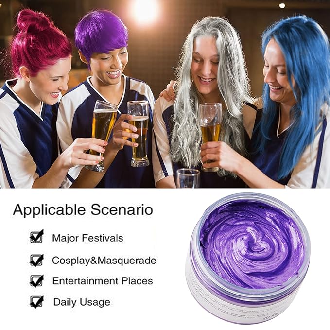 Purple Hair Color WAX 4.23 oz, Instant Hair Dye Wax, Natural Temporary Hair Color for Men and Women, Party, Daily Use, Cosplay