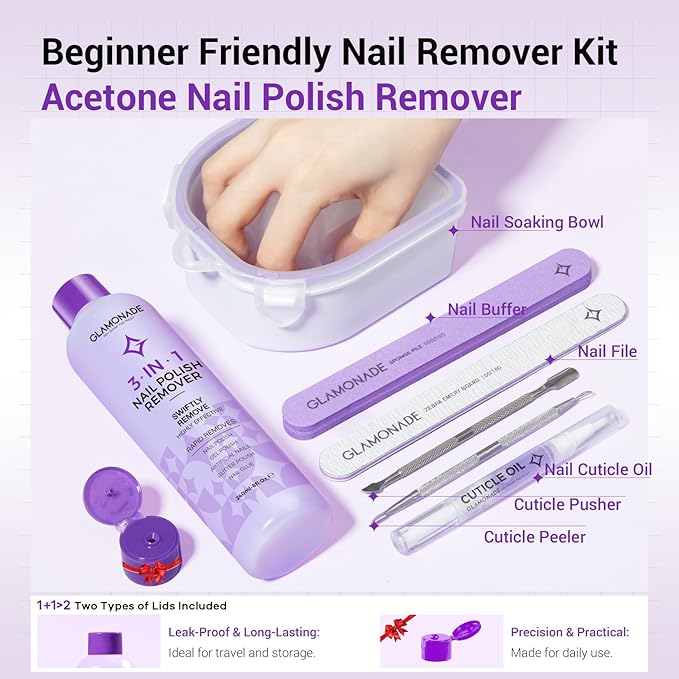 Acetone Nail Polish Remover Kit: Soak off Gel Polish Remover Includes Nail File, Nail Buffer Block, Cuticle Pusher, Cuticle Peeler, Nail Polish Soak Off Bowl & Cuticle Oil(8 Fl.Oz.)