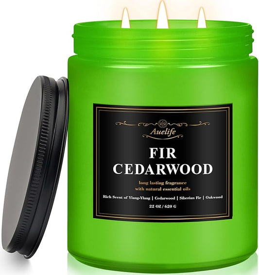 Auelife Winter Candles, Fir & Cedarwood Scented Candle – 22oz Large 3-Wick Soy Candles, Long Lasting Aromatherapy, Woodsy Christmas Candle, Holiday Gift for Women & Men