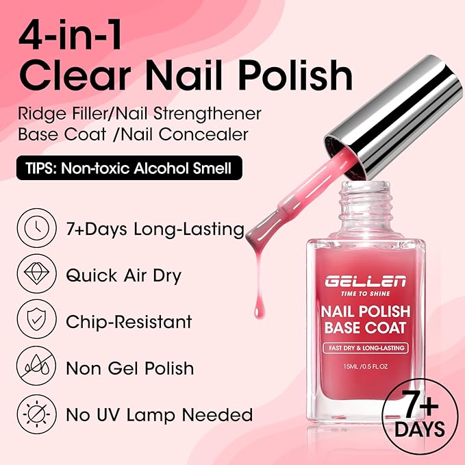 GELLEN 4‑in‑1 Clear Nail Polish Base Coat Sheer Tinted Red, Ridge Filler, Nail Strengthener & Concealer, Calcium Formula Strengthen Nails, Natural Color Enhance Natural Look, HEMA Free, Anti Yellow