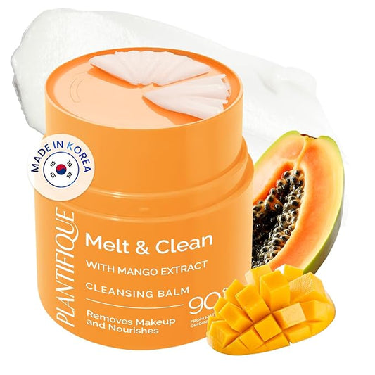 PLANTIFIQUE Korean Cleansing Balm Makeup Remover with Mango & Papaya Extracts, Hyaluronic Acid and Ceramide - Nourishing Melting Cleanser for All Skin Types 1.41 oz / 40 g (Mango-Papaya 40g)