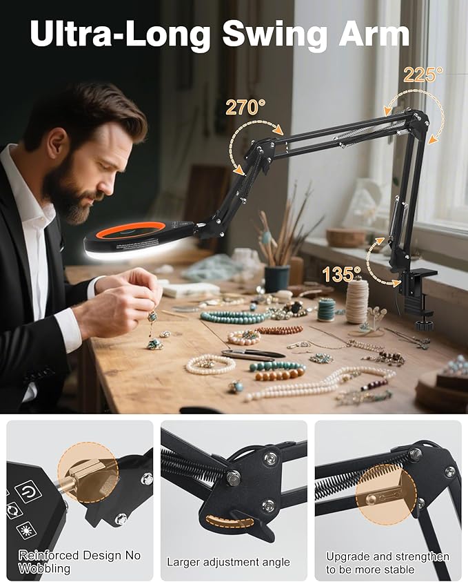 10X & 5X Magnifying Glass with Light, Ultra Long Swing Arm, 5 Colors & 10 Brightness, Real Glass Lens Large Magnifying Lamp for Craft Painting Workbench Jewelry Making Hobby Close Work (Orange)