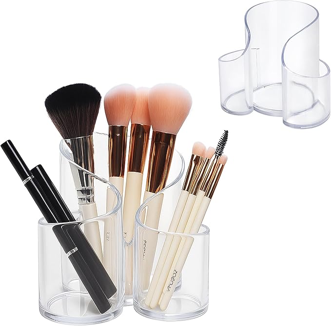 Acrylic Makeup Brush Holder | 3 Compartment Organizer for Vanity, Makeup Brushes, Lipstick, Pallets & Make Up Pencil Organizer | Small Vanity Organizer for Teen Girl Gifts Trendy Stuff
