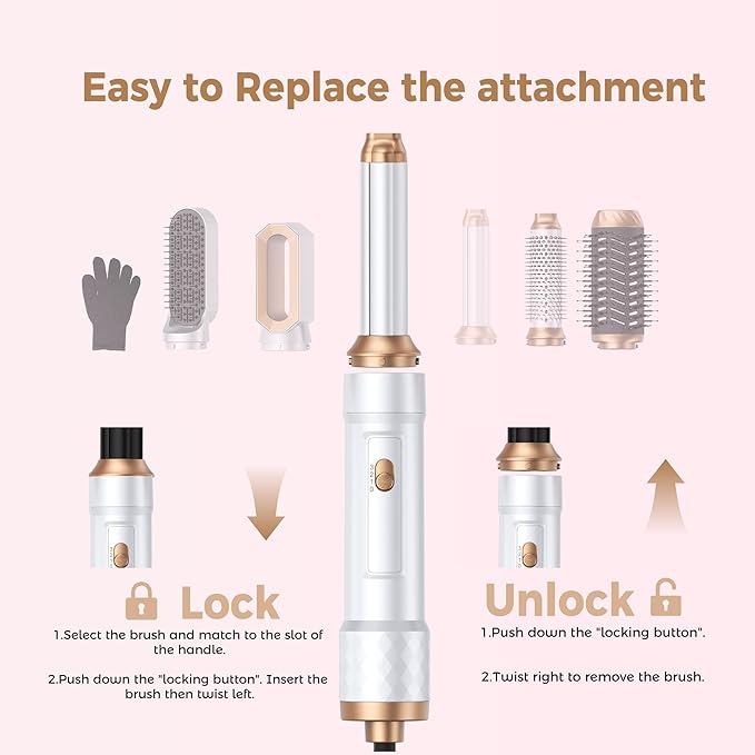 6 in 1 Air Styler Magic Hair Dryer Brush, Negative Ionic Blow Dryer Brush & 3 Heat Settings, Detachable Auto Curling & Straightening Volumizing, Frizz-Free Styling, Salon to Home Use (White-Pink)