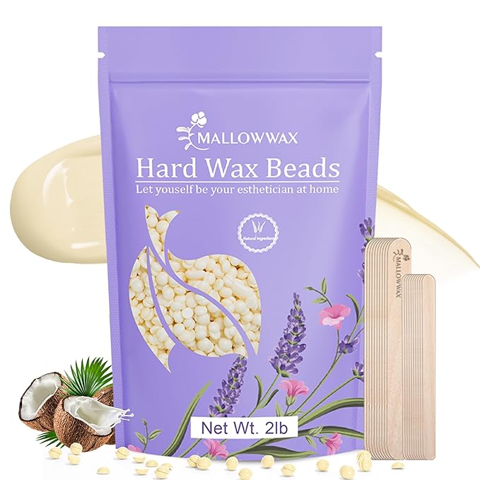 Hard Wax Beads, 2LB Coconut Cream Wax for Sensitive Skin, Gentle Hair Removal for Face, Bikini, Legs & Brazilian, No Strips Needed & Easy to Use at Home