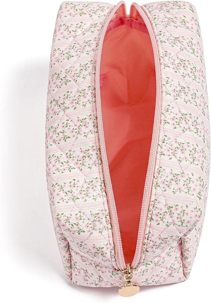 Makeup Bag Travel Cosmetic Bag for Women Girls, Zipper Make Up Pouch, Floral Flowers Toiletry Organizer Makeup, Portable Storage Cosmetic Travel Cloth Bag (Pink)