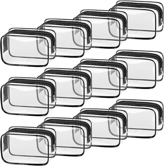 TISRATOK 12 PCS Clear Makeup Bag for Women with Zipper, TSA Approved Toiletry Pouch, Cosmetic Bag Bulk for Travel Organizer Essentials - Black,Small