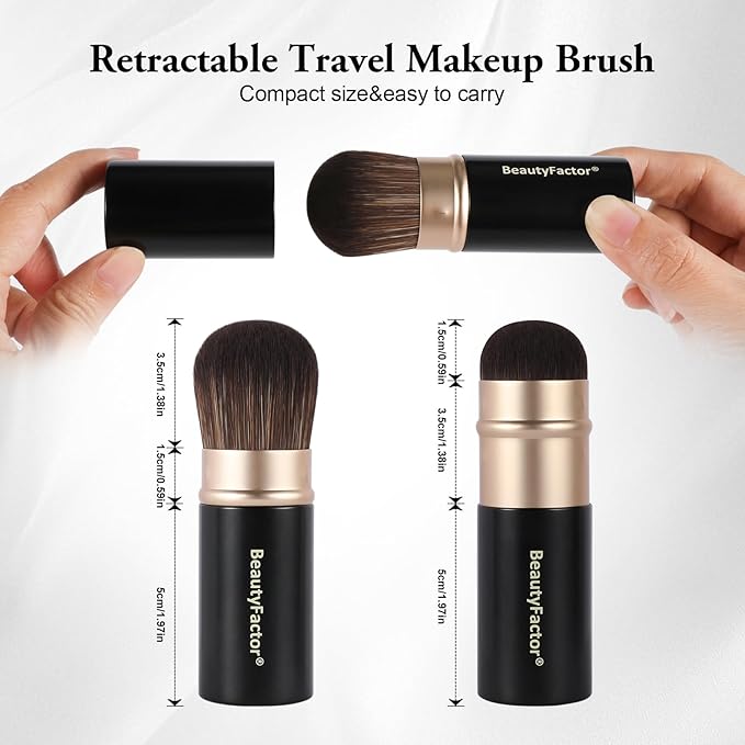 Retractable Kabuki Makeup Brush,Round Head Travel Makeup Brush Portable Brushes for Powder and Liquid Foundation, Bronzer, Blush and other face makeup With Aluminum Handle