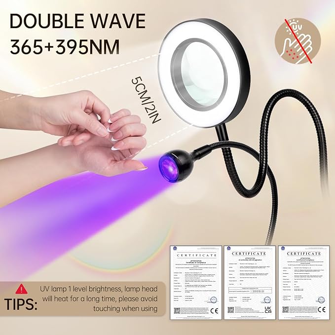 AORAEM LED UV Nail Lamp: Double-Headed Gooseneck U V Lamp for Gel Nails, LED Flash Cure Light with 6X Magnifier Home DIY Salon, Black