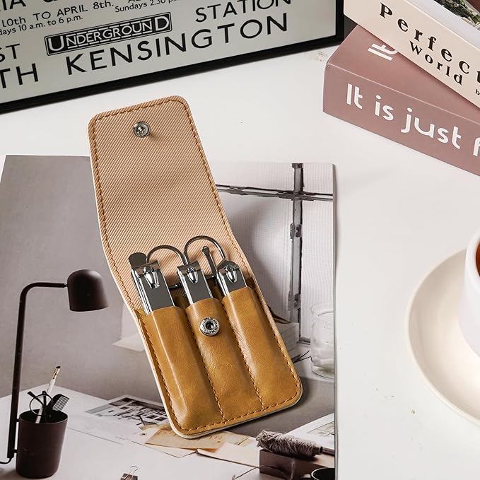 Premium Stainless Steel Nail Clippers Set - Travel Grooming Kit, 6pc Manicure/Pedicure Tools with PU Case - Unisex Gift for Men and Women(D-Khaki)