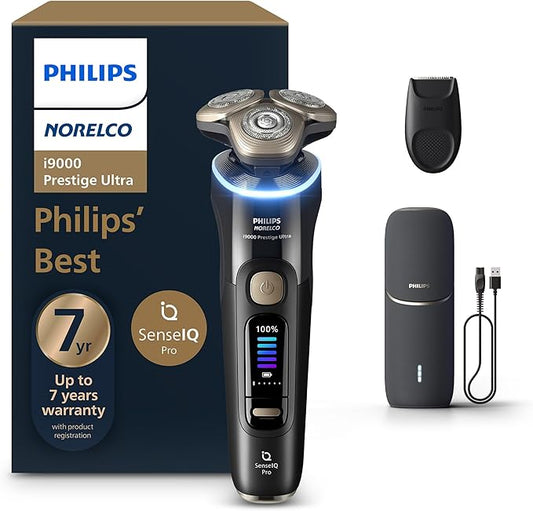 Philips Norelco Shaver i9000 Prestige Ultra, Wet & Dry Electric Shaver, Ink Black, SenseIQ Pro Technology, Triple Lift & Cut System, 360 Rotating NanoTech Precision Blades, 5 Shaving Modes, XP9400/89