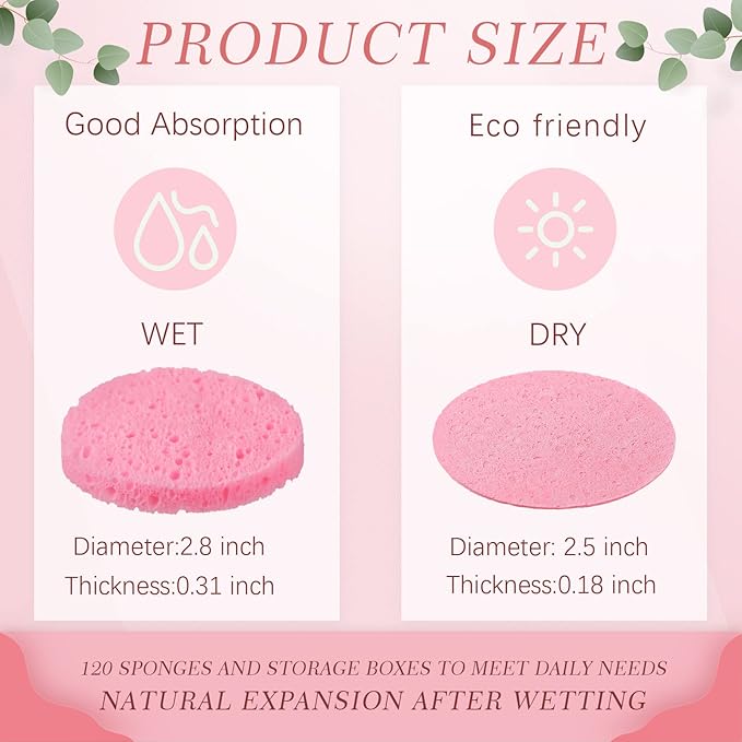 Sieral 120pcs Compressed Facial Sponges Disposable Natural Face Sponges Round Soft Pads with Container for Washing Face Cleansing Exfoliating Esthetician Makeup Removal Travel(Pink)