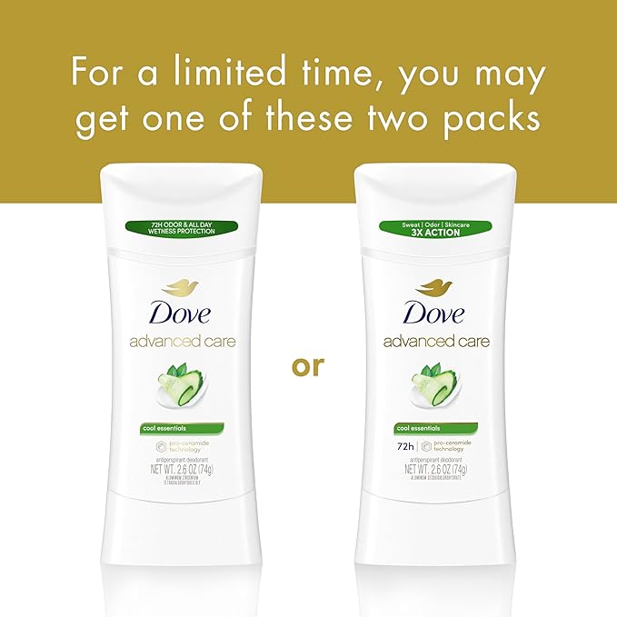 Dove Advanced Care Anti Deo Stick Cool Essentials Twin Pack for helping your skin barrier repair after shaving 72 h odor control and all-day sweat protection with Pro Ceramide Technology 2.6 oz