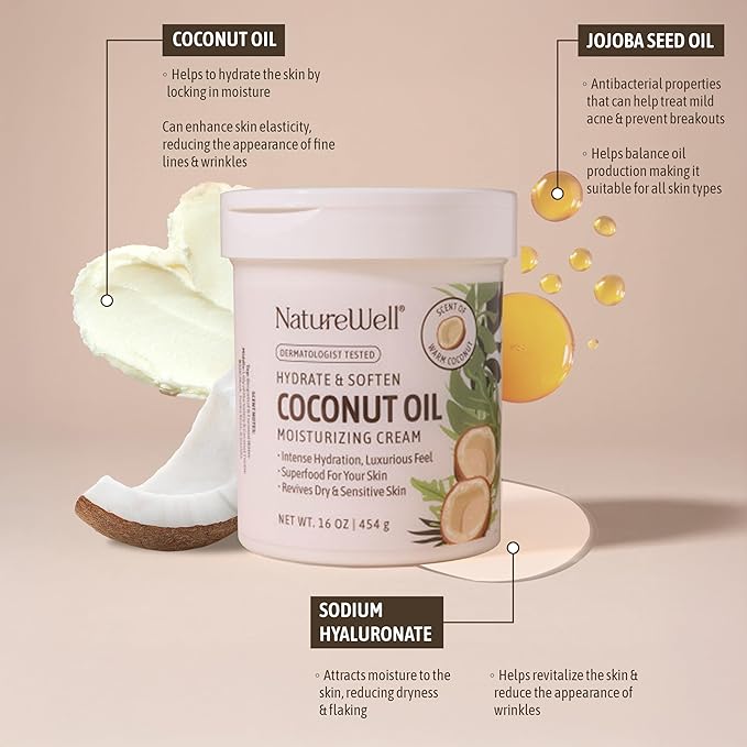 NATURE WELL Hydrate & Soften Coconut Oil Moisturizing Cream for Face, Body, & Hands, Non-Greasy, Intense Hydration & Luxurious Feel, Revives Dry & Sensitive Skin, 10 Oz